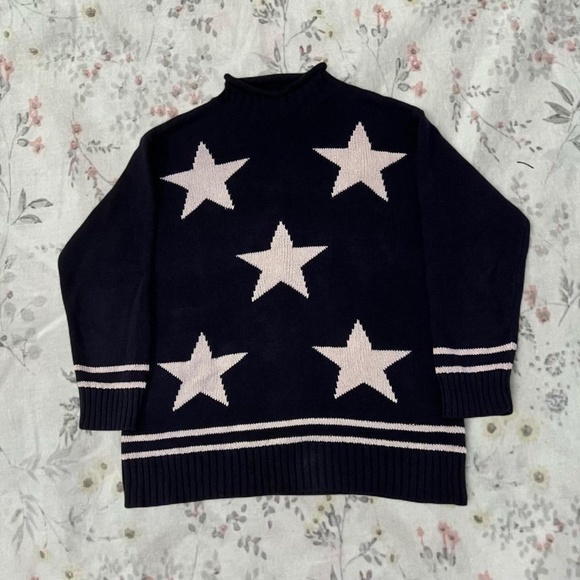 Vintage 90s Whimsigoth Star Sweater Cotton Ramie Mock Neck Striped Oversized - Picture 1 of 8